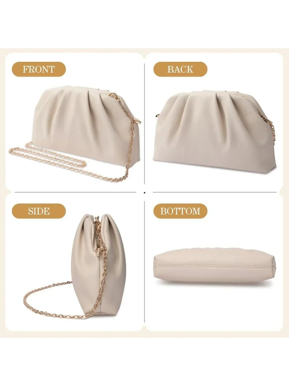 Women's Beige Gold Soft Pleated Pu Clutch Purse Elegant Evening Wedding Bag